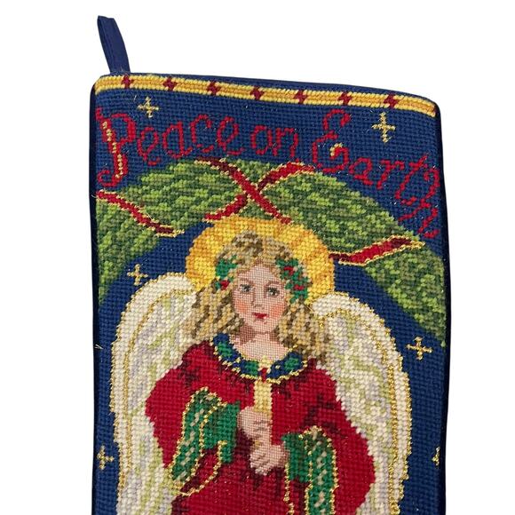 Vintage Wool Needlepoint Christmas Stocking Velvet Back Angel Peace Holiday - Picture 2 of 7